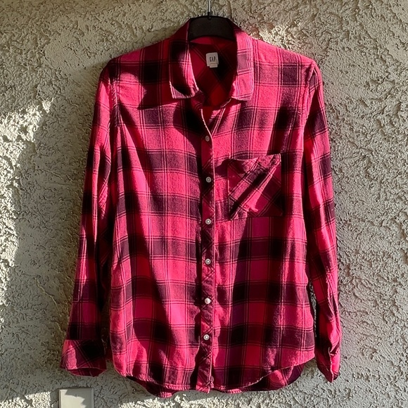 GAP | Women’s Long Sleeve Plaid Button-Up Flannel Shirt Pink Burgundy MEDIUM - Picture 6 of 14